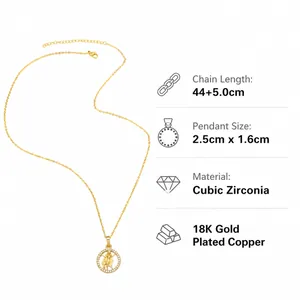 Guide des tailles du collier déesse plaqué or 18 carats avec détails en zircon