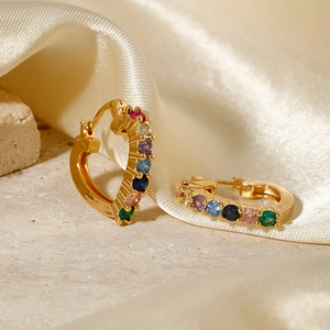 Golden heart-shaped hoop earrings with colorful rainbow gemstone inlays for women