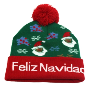 Christmas LED knit hat with Feliz Navidad text and festive Santa Claus pattern