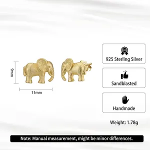 Exquisite 925 sterling silver elephant stud earrings with matte sandblasted gold finish