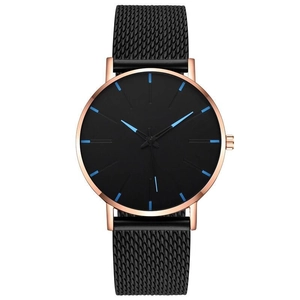 Slim men's quartz watch with black dial, blue markers, and rose gold case on mesh band
