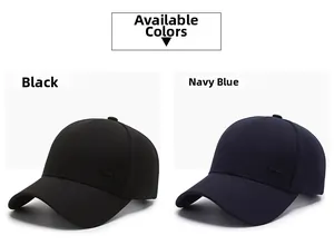 Detail shot of black and navy blue baseball caps with sport patch on twill fabric