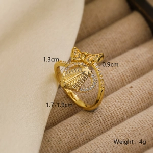 Detail view of 18K gold plated ring dimensions featuring butterfly and heart zircon motifs