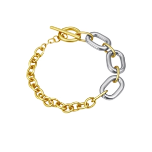 Two-tone 18k gold and silver stainless steel mixed chain bracelet with T-bar toggle clasp