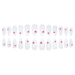 24pcs long almond press-on nails with minimalist pink heart patterns on clear base