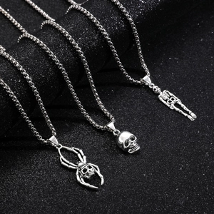 Gothic punk alloy necklaces with silver spider skull and full skeleton bone pendants