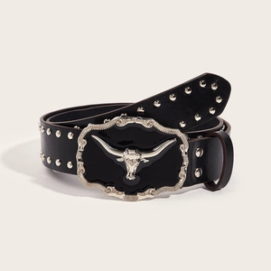 Vintage Western Punk Bull Head Studded Belt For Women Men PU Leather Black Waist Belt Silver Rivet Wide Jeans Accessory