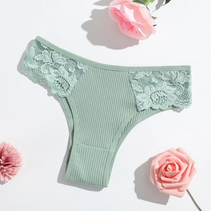 Culotte en coton côtelé vert Morandi pour femme avec dentelle, taille basse et motifs floraux