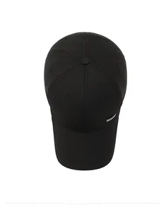Top view of a black baseball cap for men with a metallic side plate and six-panel crown