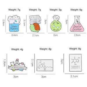 Set of creative science enamel pins featuring lab flasks, beakers and molecules