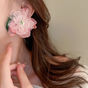 Pink fabric flower earrings with 925 silver needle, large floral design for women