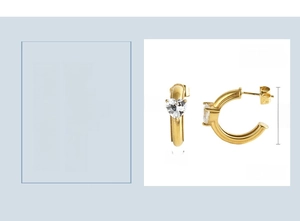 Detailed size chart of C-shaped titanium steel earrings with heart-shaped zircon stones