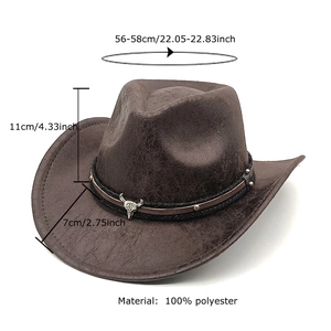 Brown western cowboy hat with leather texture, cattle ornament and sizing measurements