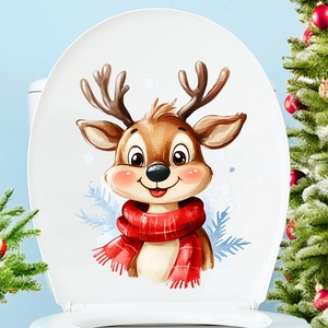 Christmas toilet lid sticker featuring a watercolor reindeer with a red scarf decor