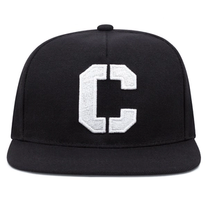 Classic black cotton flat brim baseball cap featuring a white 3D embroidered letter C