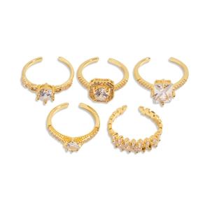 5-piece set of gold adjustable rings with square and round zircon stones on white background