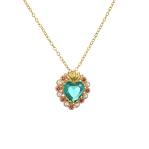 Vintage gold necklace with heart green gemstone pendant and pearl embellishment