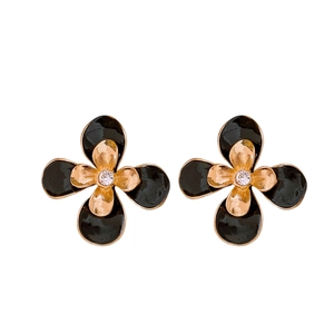 Vintage black enamel flower earrings with diamond stud and gold finish for women