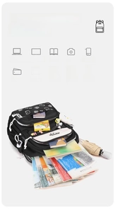 Detail view of large capacity black backpack showing multiple storage compartments for school gear