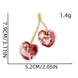 Detailed view of cherry heart embroidery patch with size dimensions and weight specifications