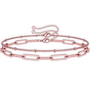 Double-layered rose gold stainless steel paperclip and satellite bead chain bracelet set
