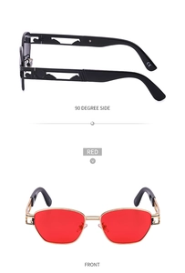 Front and side views of steampunk sunglasses featuring black carved frames and red lenses
