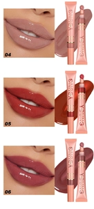 Detailed swatches and lip applications of lush glow cushion lip gloss in shades 04, 05, 06