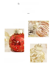 Detail of red and gold PET painted Christmas balls with glitters and ornate patterns