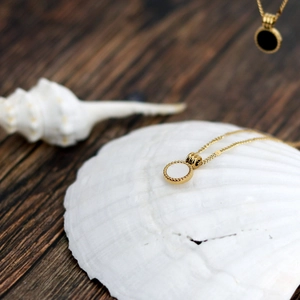 French style 18K gold plated round shell pendant necklace with minimalist bead edge detail