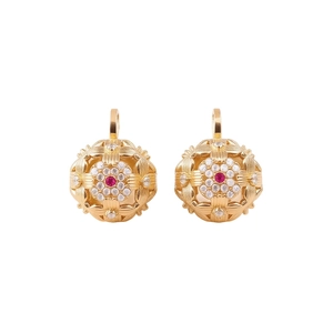 Vintage style gold spherical earrings with red and clear gemstone floral engraving
