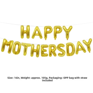 16-inch golden Mother's Day foil balloon set showing size, weight, and straw details