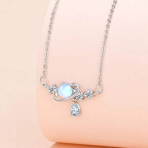 Elegant silver planet necklace with blue round stone and sparkling water-drop pendant