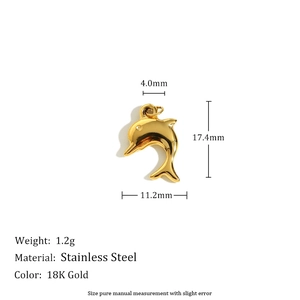 Detailed view of 18K gold plated stainless steel dolphin pendant with size measurements