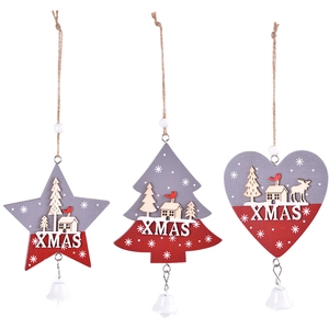 Set of 3 wooden Christmas ornaments with stars, trees, hearts, and white bells