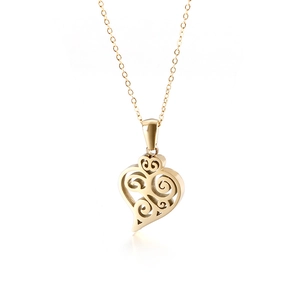Elegant gold-plated stainless steel necklace with a hollow heart-shaped pendant on white background