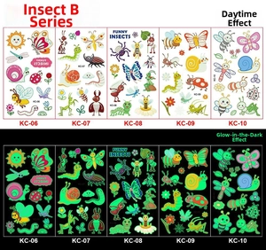 Glow-in-the-dark insect tattoo stickers for kids showing day and night effect