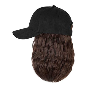 Side view of black baseball cap with integrated dark brown wavy long hair extensions