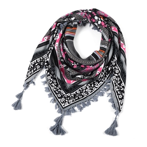 Detail of bohemian floral square scarf with gray knotted fringes on white background
