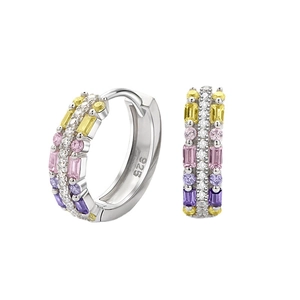 S925 sterling silver hoop earrings featuring colorful cubic zirconia stones in a dual view