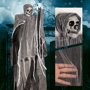Halloween hanging skull ghost with white gauze robe and tattered spider web details