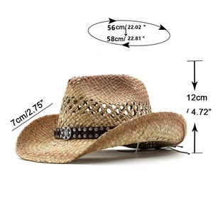 Chapeau de cowboy en paille avec bandeau en cuir marron et clous métalliques et tailles