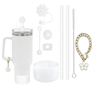 9pcs set for Stanley cup featuring flower straw cover and white tumbler with gold chain