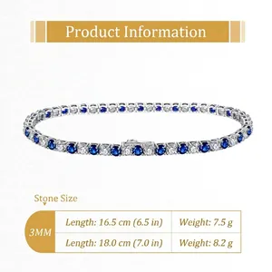 Hypoallergenic 925 silver tennis bracelet with 3mm blue and white cubic zirconia stones