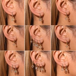 Gold plated geometric earrings with CZ zircon charms in floral and animal designs
