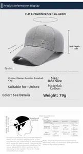 Size chart showing baseball cap dimensions with 56-60cm circumference and 9cm brim details