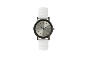 Detail of grey sunray dial with gold index markers and white textured silicone strap