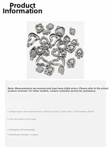 Detailed view of 10-piece pack of silver acrylic heart pendants in diverse shapes