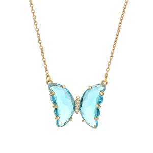 Elegant gold chain necklace featuring a translucent blue crystal butterfly pendant
