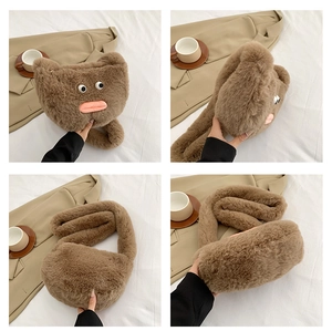 Detailed views of brown plush shoulder bag featuring funny quirky eyes and pink sausage lips