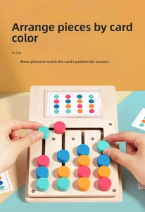Detail view of wooden logical sliding puzzle with four color beads and task cards